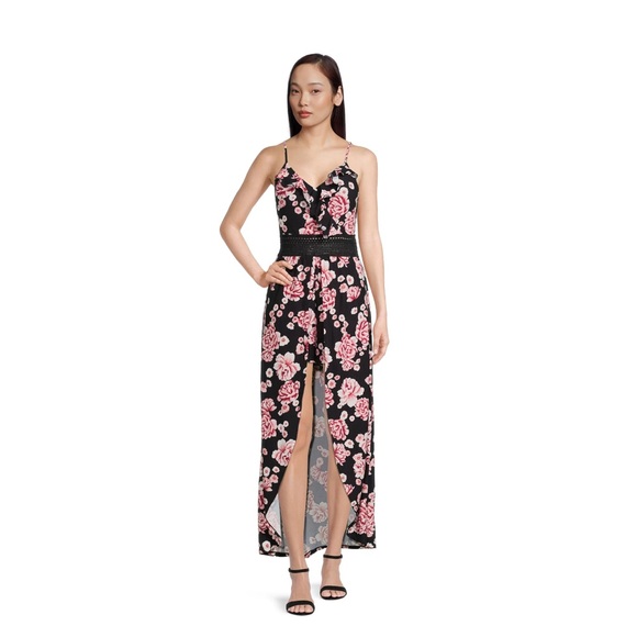 No Boundaries Juniors Ruffle Walk Through Maxi Romper, Black Soot - Picture 2 of 5